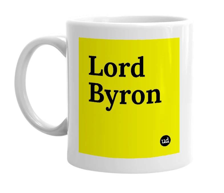 White mug with 'Lord Byron' in bold black letters