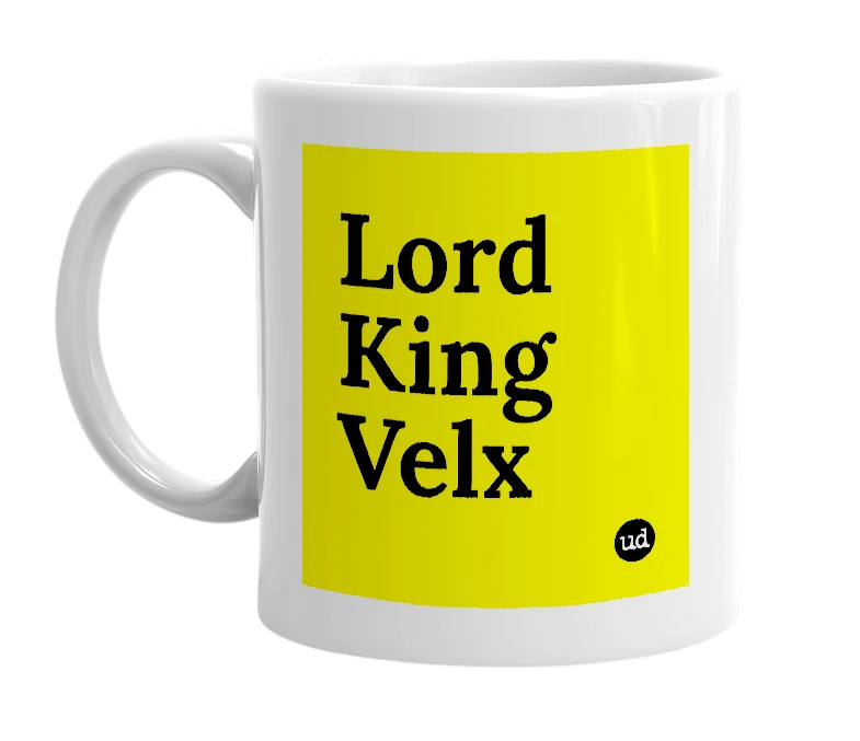 White mug with 'Lord King Velx' in bold black letters