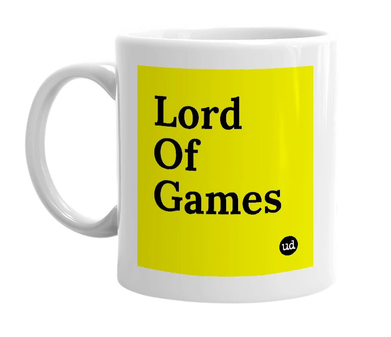 White mug with 'Lord Of Games' in bold black letters