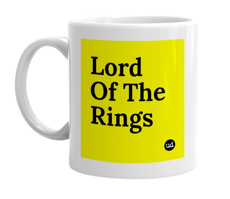 White mug with 'Lord Of The Rings' in bold black letters