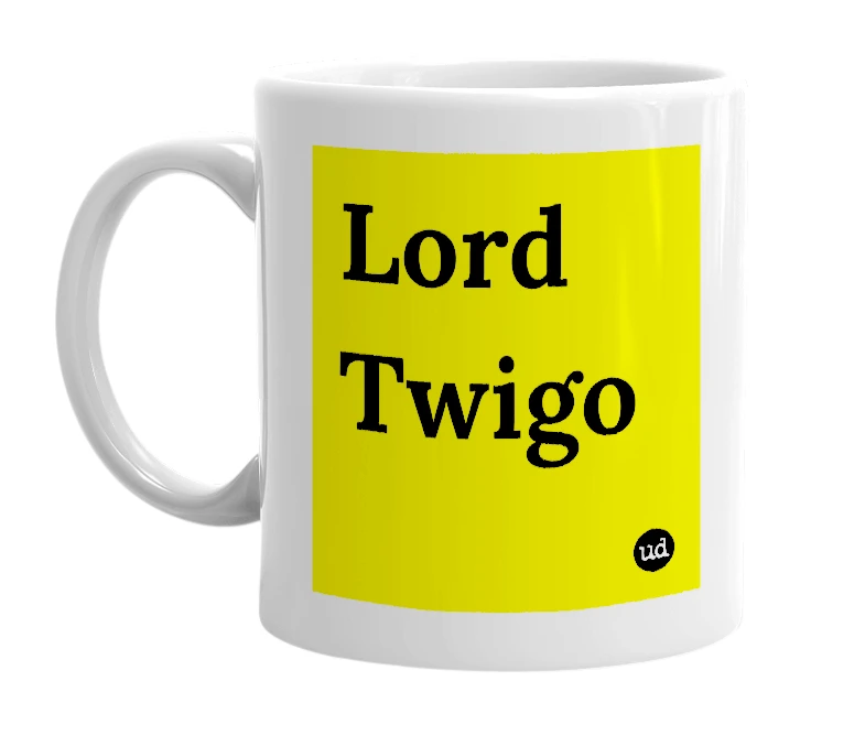White mug with 'Lord Twigo' in bold black letters