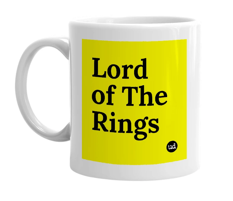 White mug with 'Lord of The Rings' in bold black letters