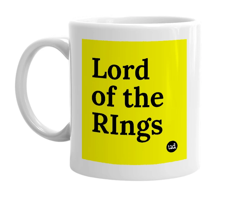 White mug with 'Lord of the RIngs' in bold black letters