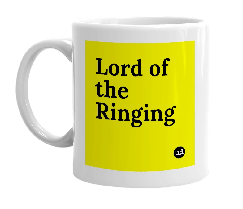 White mug with 'Lord of the Ringing' in bold black letters