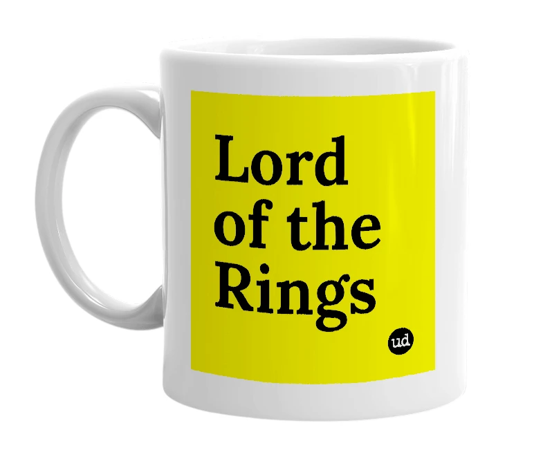 White mug with 'Lord of the Rings' in bold black letters