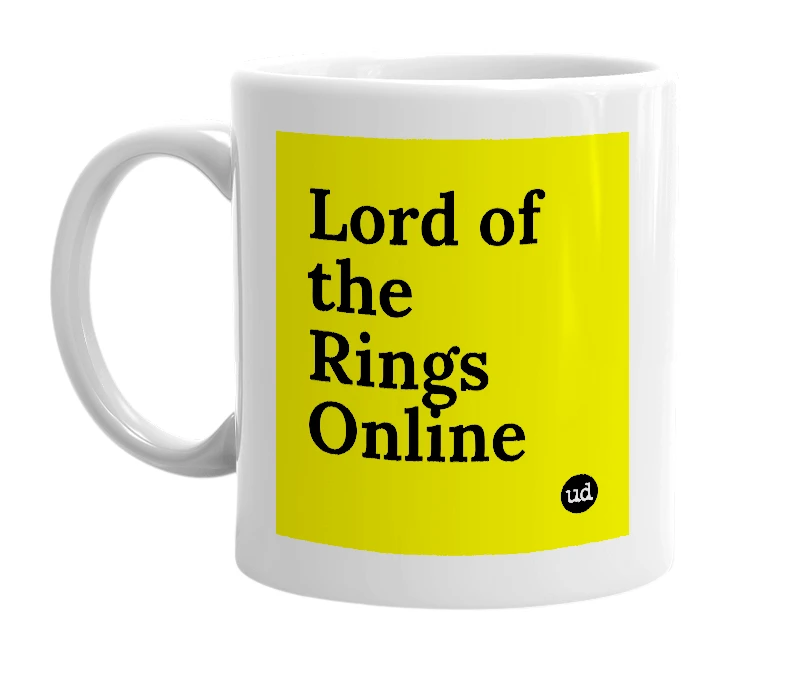 White mug with 'Lord of the Rings Online' in bold black letters