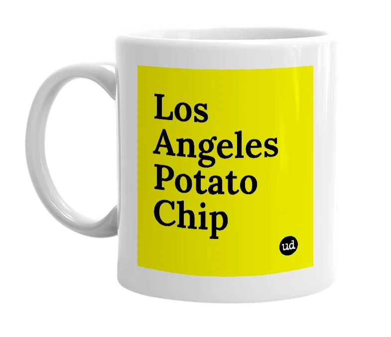 White mug with 'Los Angeles Potato Chip' in bold black letters