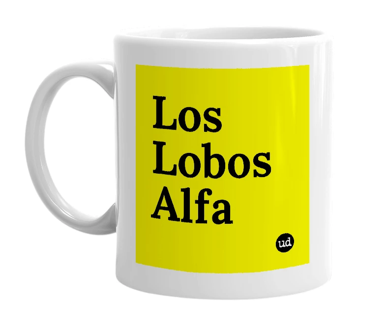 White mug with 'Los Lobos Alfa' in bold black letters
