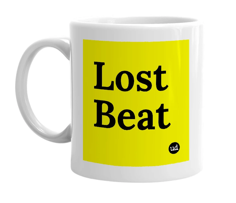 White mug with 'Lost Beat' in bold black letters