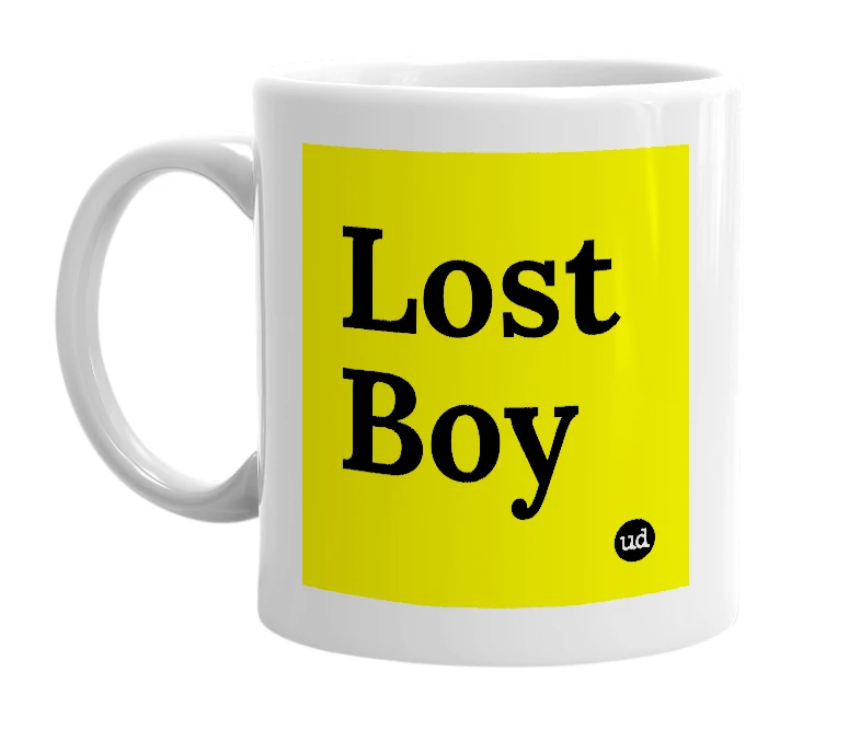 White mug with 'Lost Boy' in bold black letters