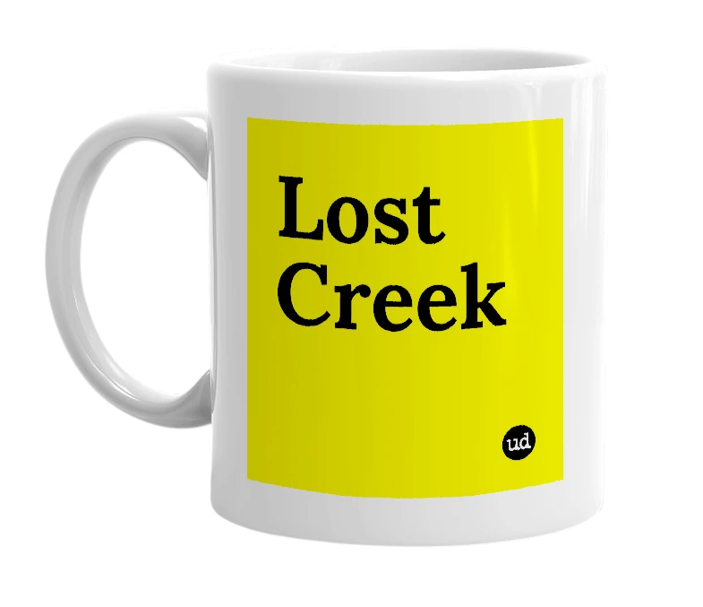 White mug with 'Lost Creek' in bold black letters