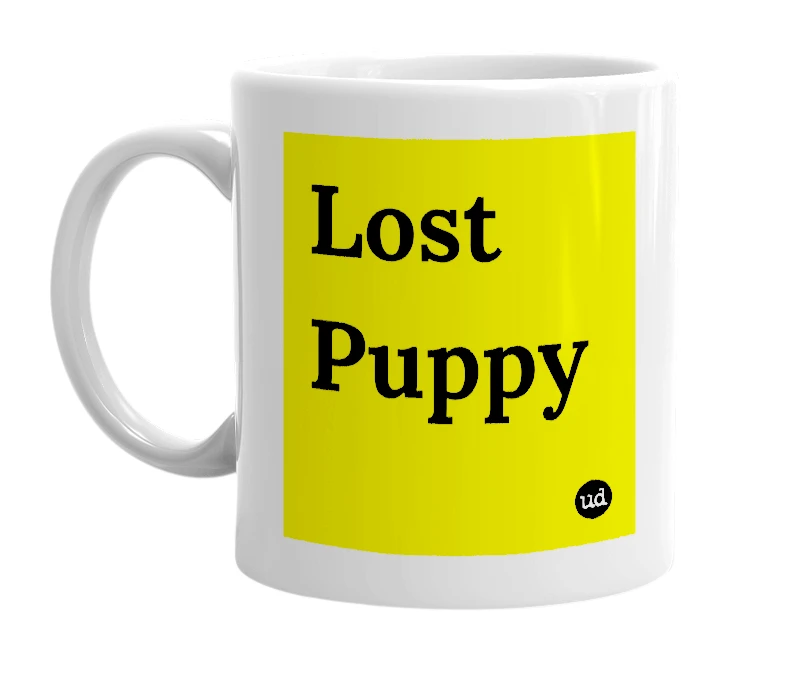 White mug with 'Lost Puppy' in bold black letters