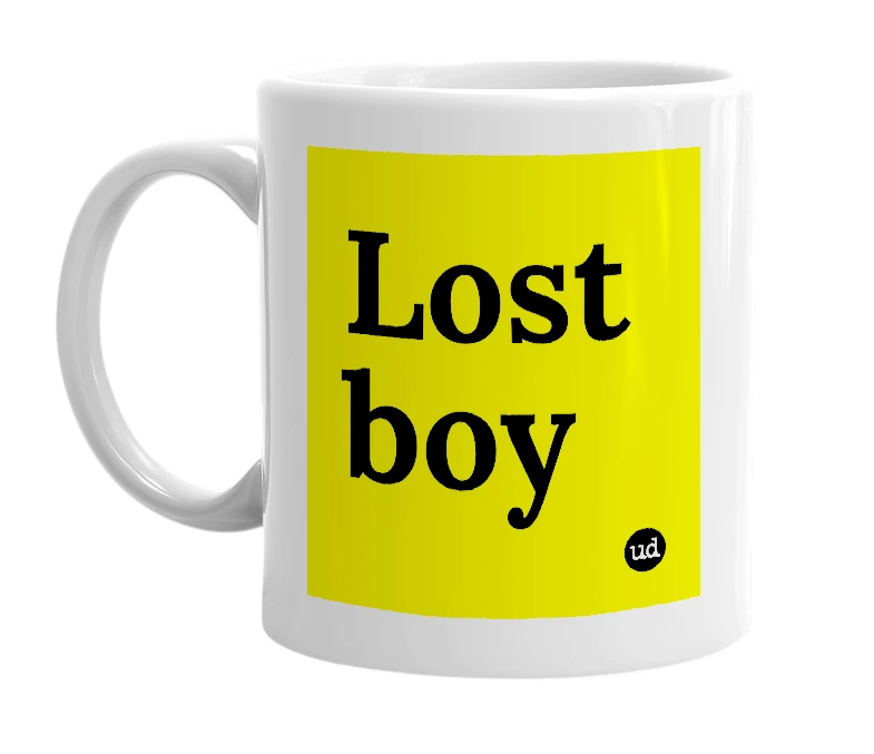 White mug with 'Lost boy' in bold black letters