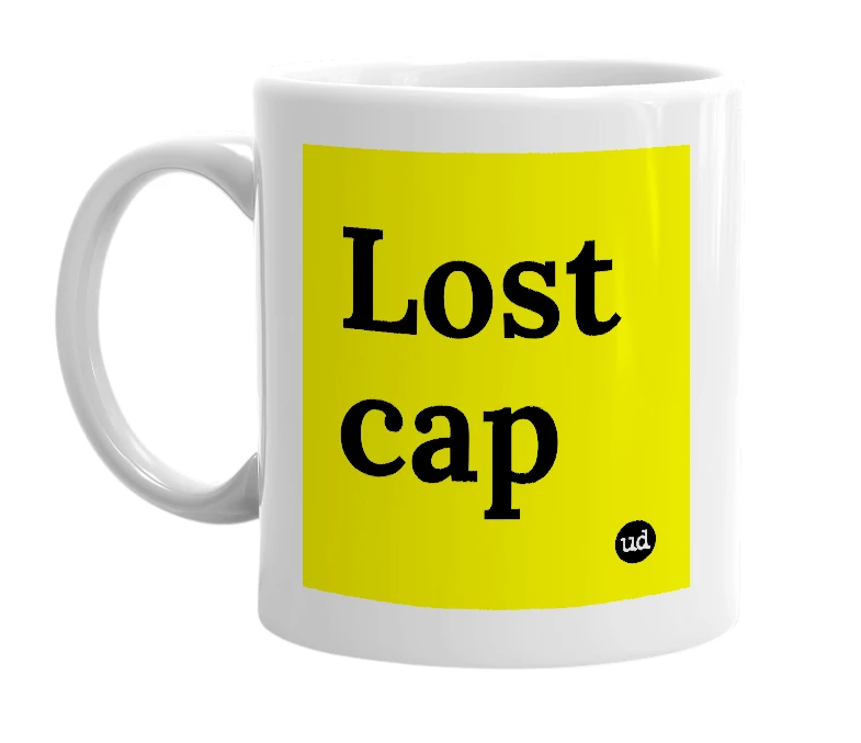 White mug with 'Lost cap' in bold black letters