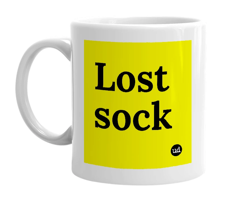 White mug with 'Lost sock' in bold black letters