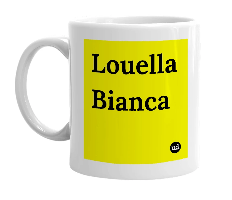 White mug with 'Louella Bianca' in bold black letters