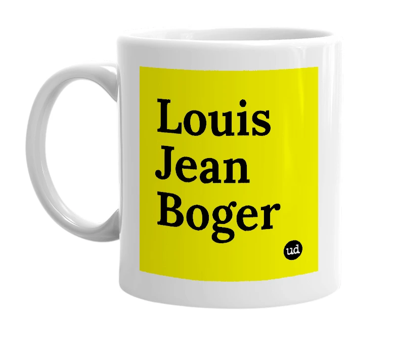 White mug with 'Louis Jean Boger' in bold black letters