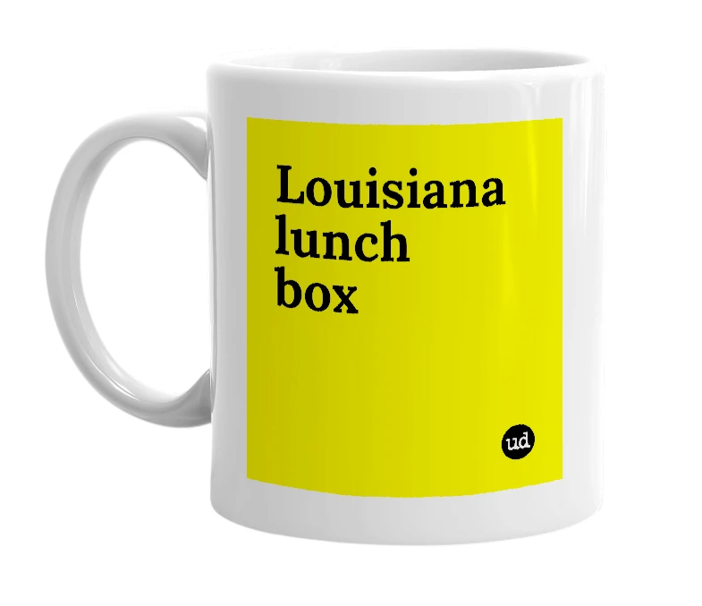 White mug with 'Louisiana lunch box' in bold black letters