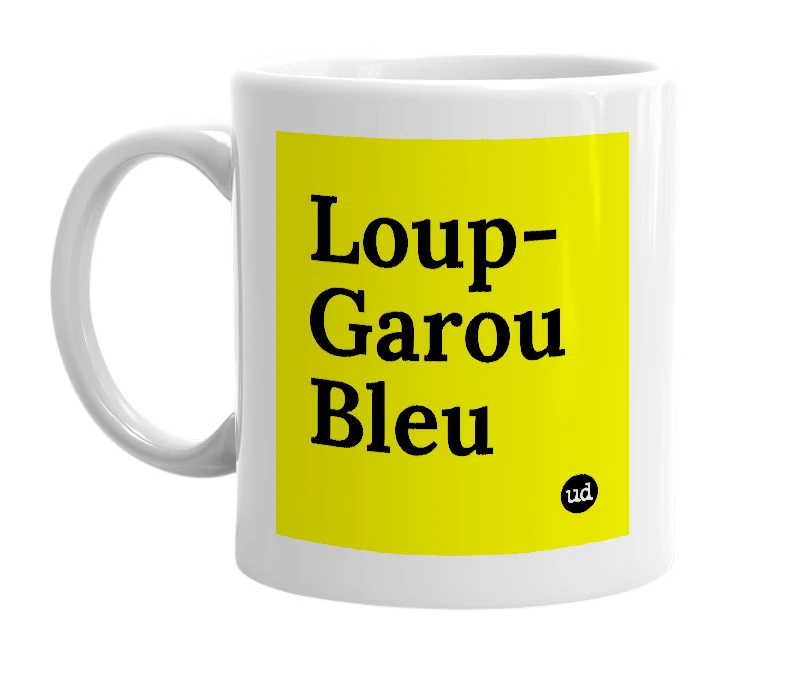 White mug with 'Loup-Garou Bleu' in bold black letters