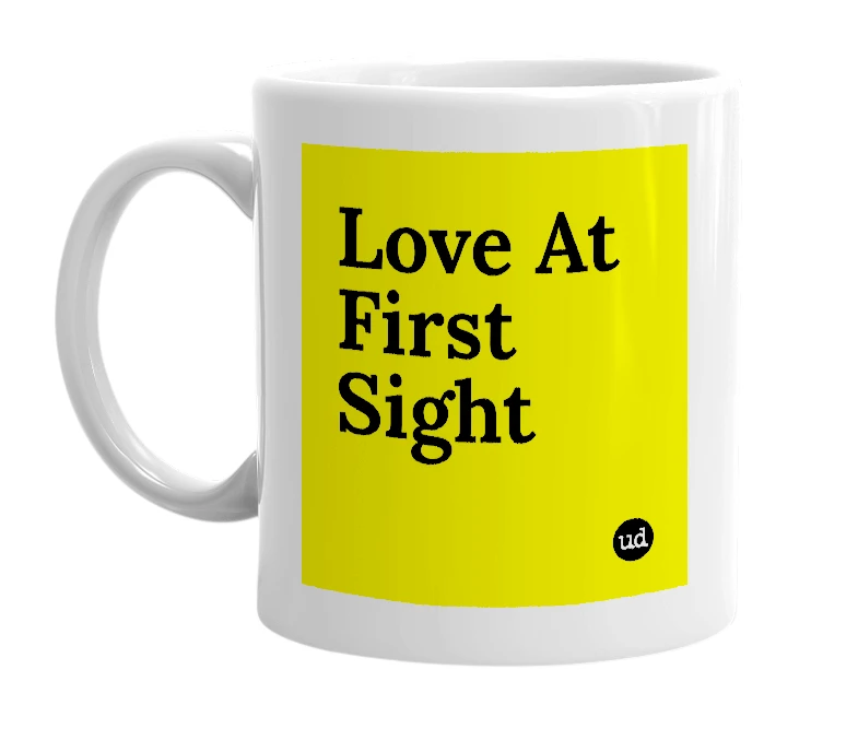 White mug with 'Love At First Sight' in bold black letters