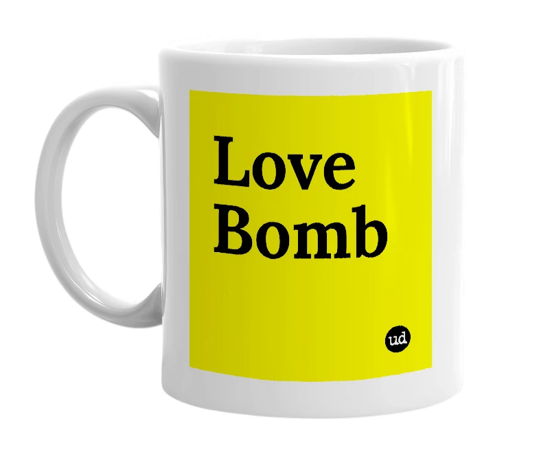 White mug with 'Love Bomb' in bold black letters