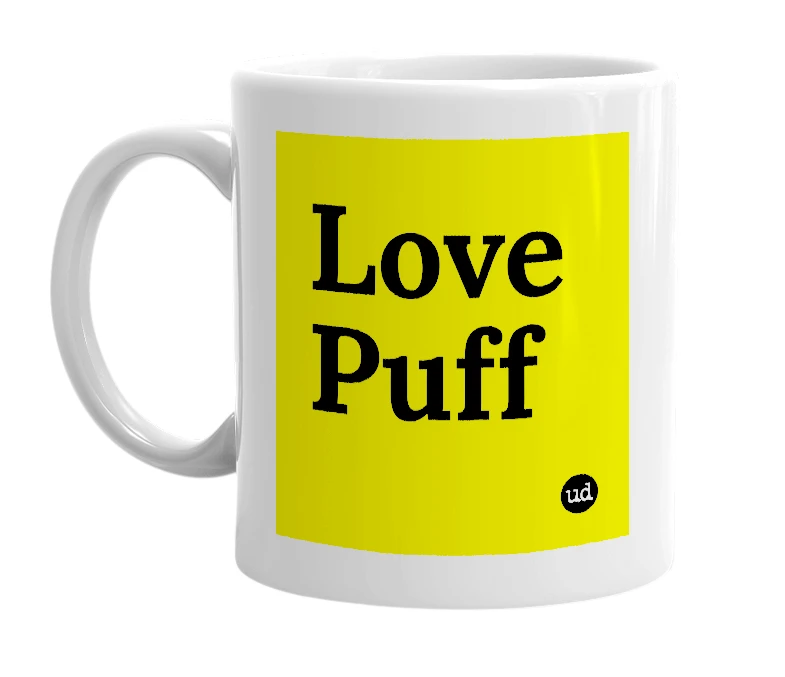 White mug with 'Love Puff' in bold black letters