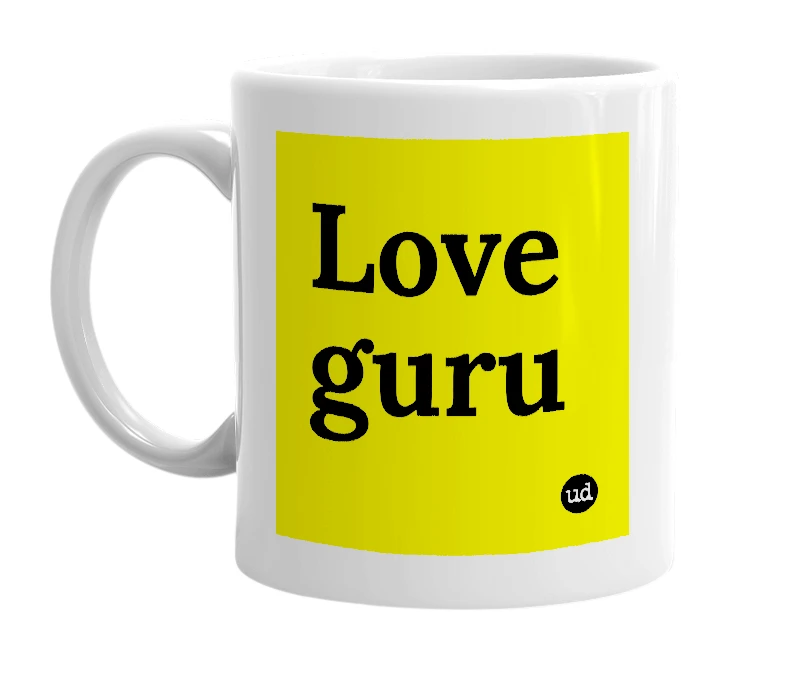 White mug with 'Love guru' in bold black letters