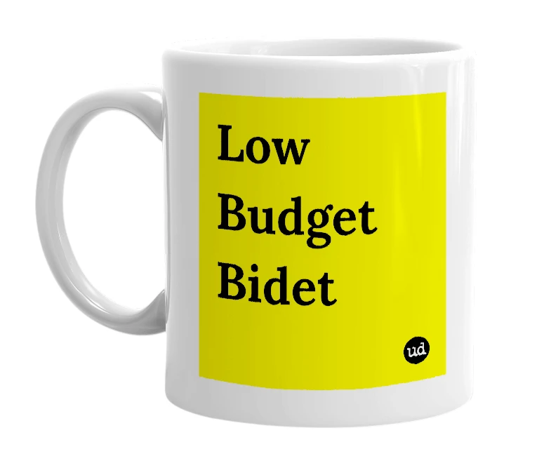 White mug with 'Low Budget Bidet' in bold black letters