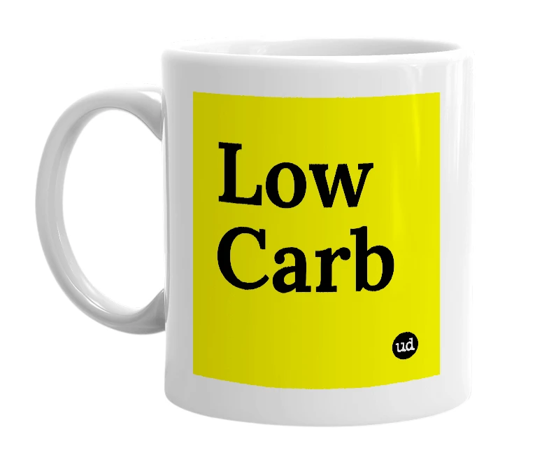 White mug with 'Low Carb' in bold black letters