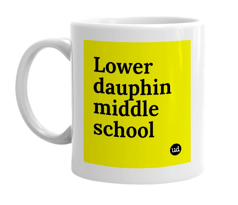 White mug with 'Lower dauphin middle school' in bold black letters
