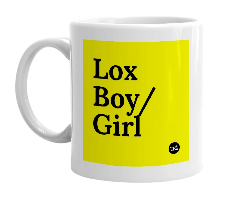 White mug with 'Lox Boy/Girl' in bold black letters