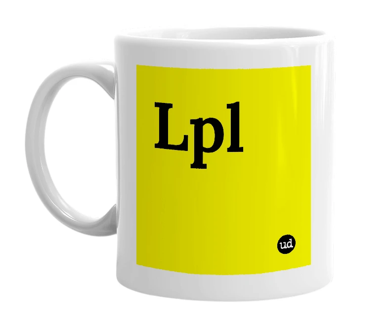 White mug with 'Lpl' in bold black letters