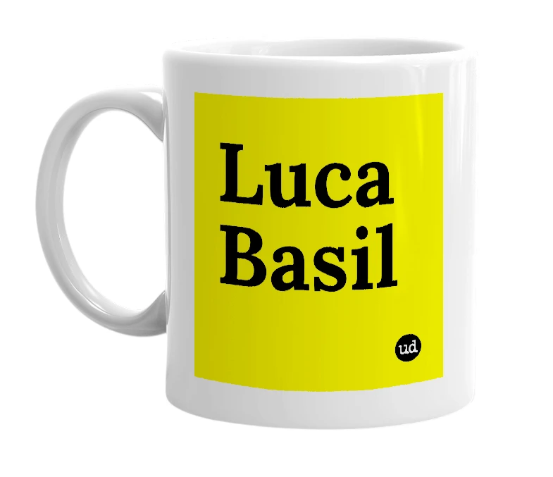 White mug with 'Luca Basil' in bold black letters
