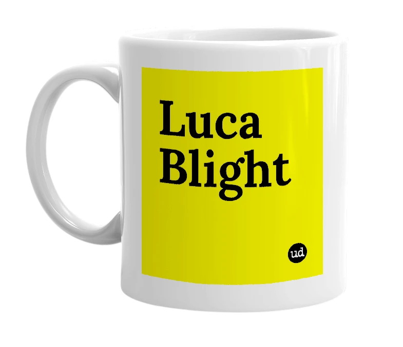 White mug with 'Luca Blight' in bold black letters