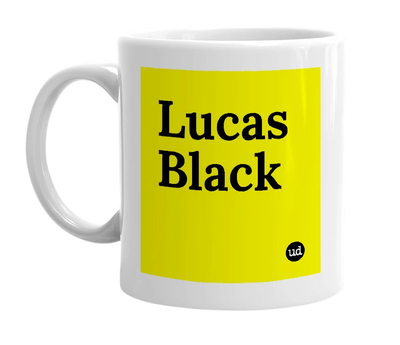 White mug with 'Lucas Black' in bold black letters