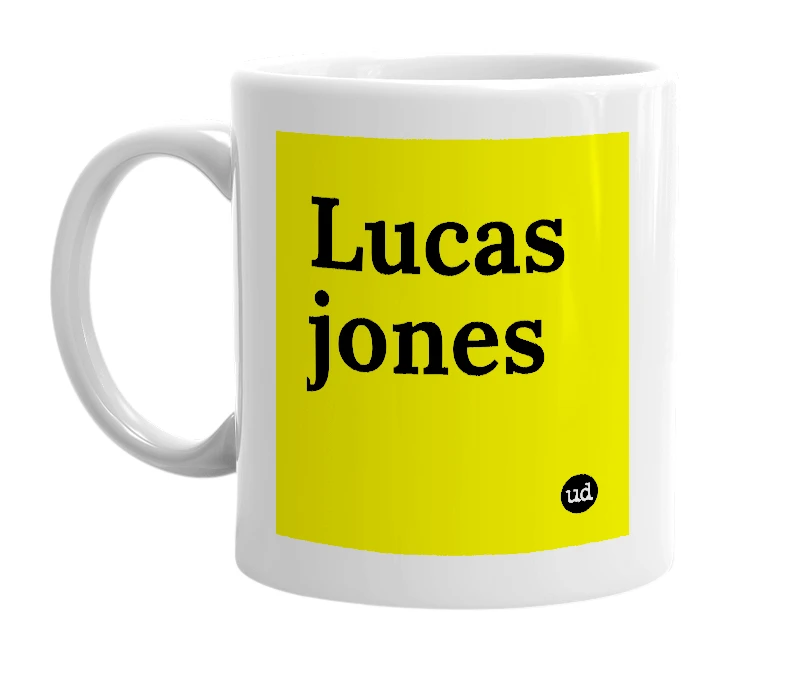 White mug with 'Lucas jones' in bold black letters