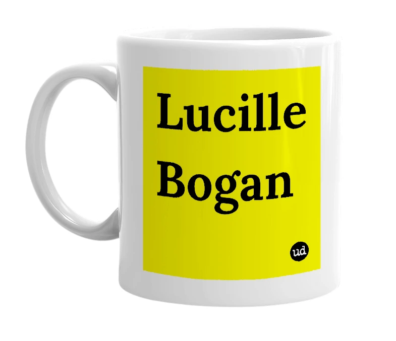 White mug with 'Lucille Bogan' in bold black letters