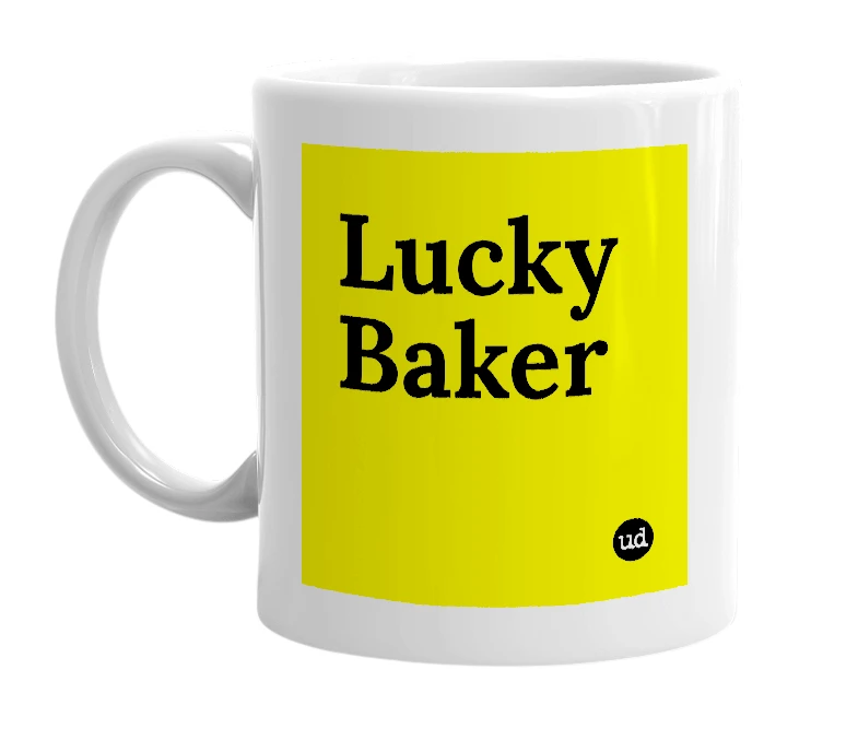 White mug with 'Lucky Baker' in bold black letters