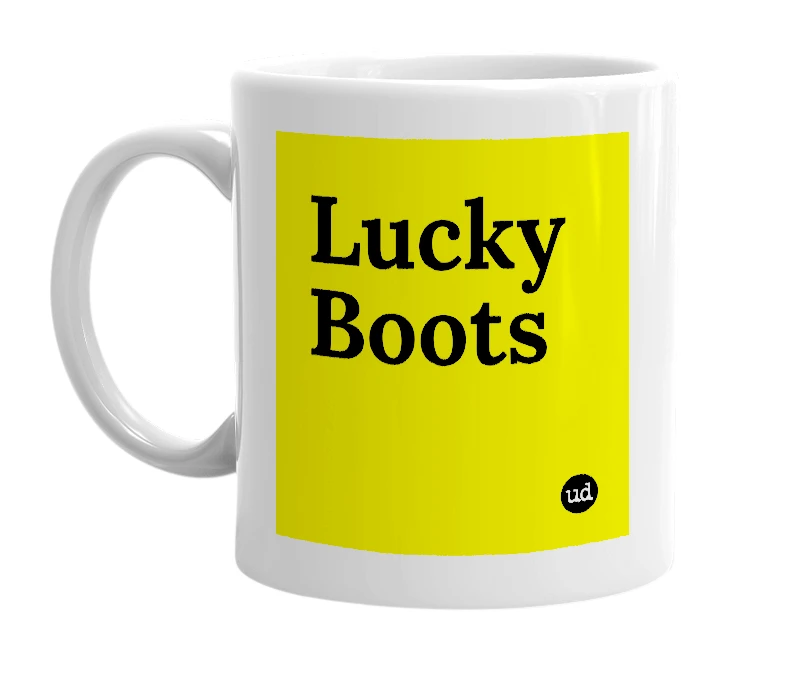 White mug with 'Lucky Boots' in bold black letters
