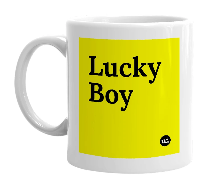 White mug with 'Lucky Boy' in bold black letters