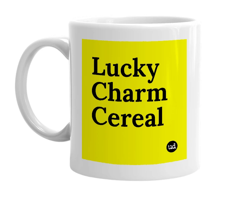 White mug with 'Lucky Charm Cereal' in bold black letters