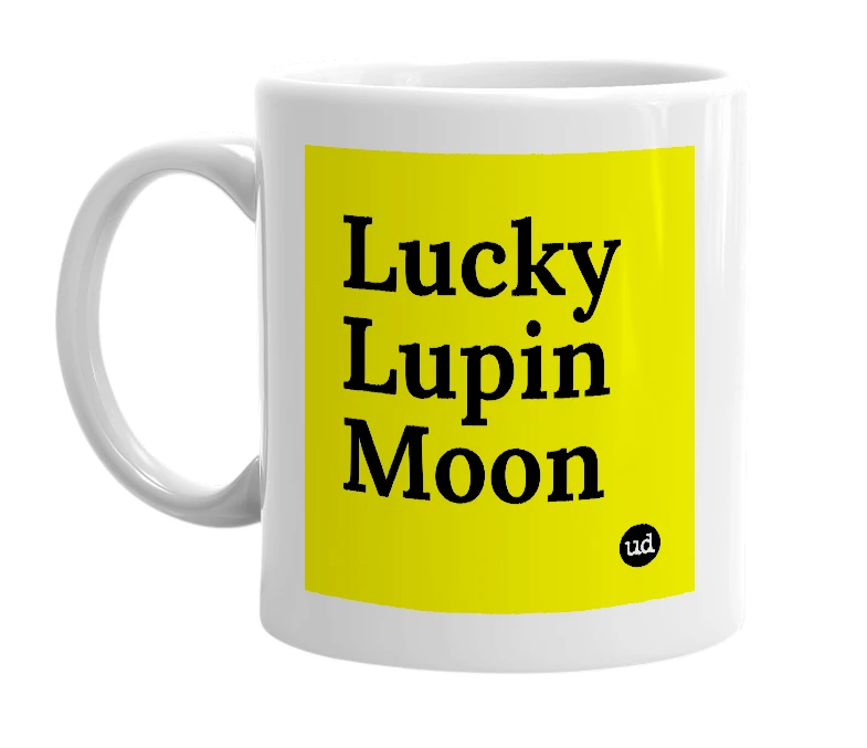 White mug with 'Lucky Lupin Moon' in bold black letters