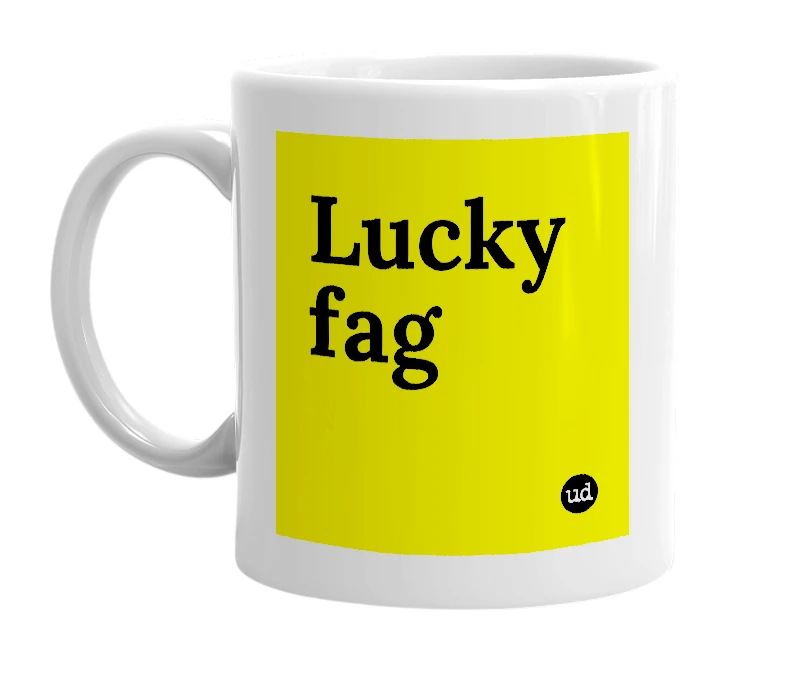 White mug with 'Lucky fag' in bold black letters