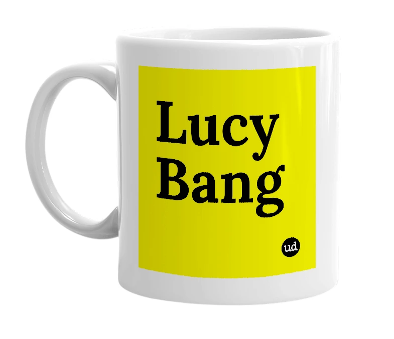 White mug with 'Lucy Bang' in bold black letters