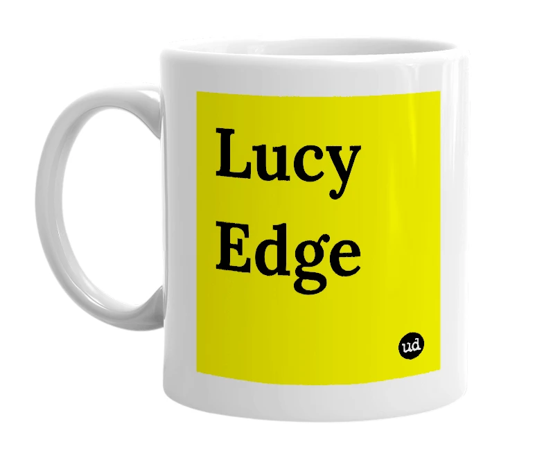 White mug with 'Lucy Edge' in bold black letters