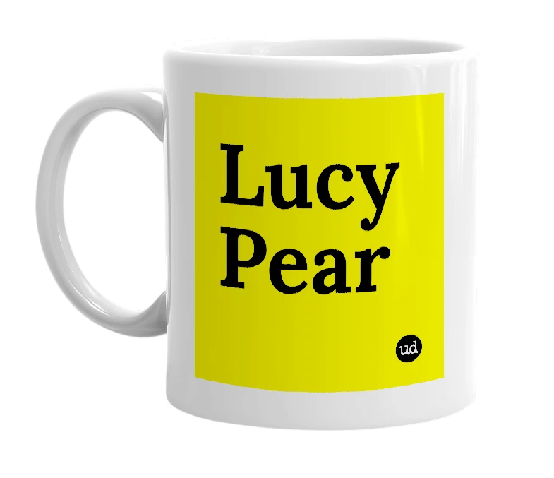 White mug with 'Lucy Pear' in bold black letters