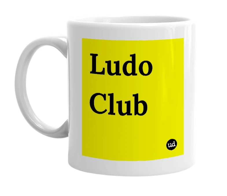 White mug with 'Ludo Club' in bold black letters