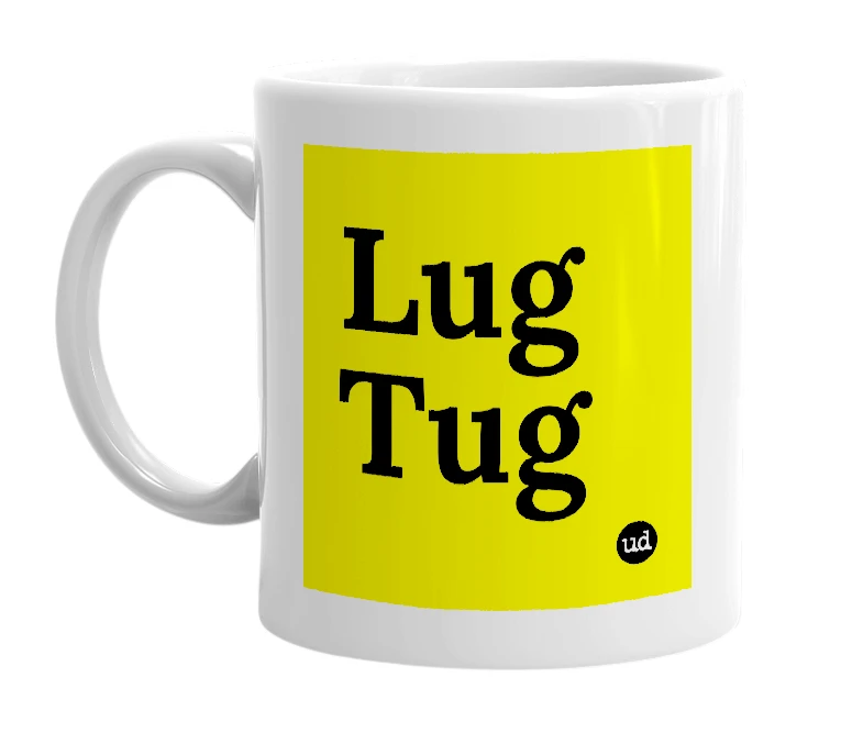 White mug with 'Lug Tug' in bold black letters