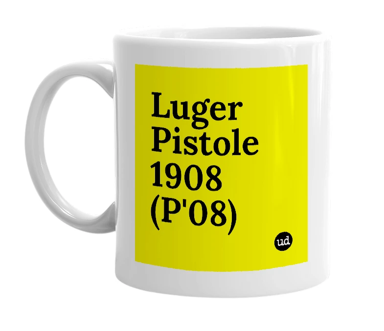 White mug with 'Luger Pistole 1908 (P'08)' in bold black letters