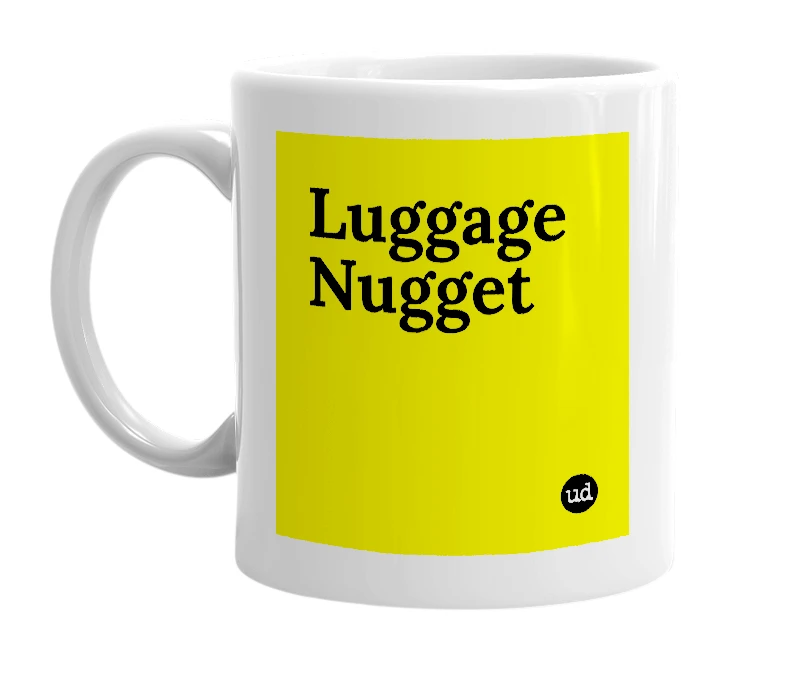 White mug with 'Luggage Nugget' in bold black letters